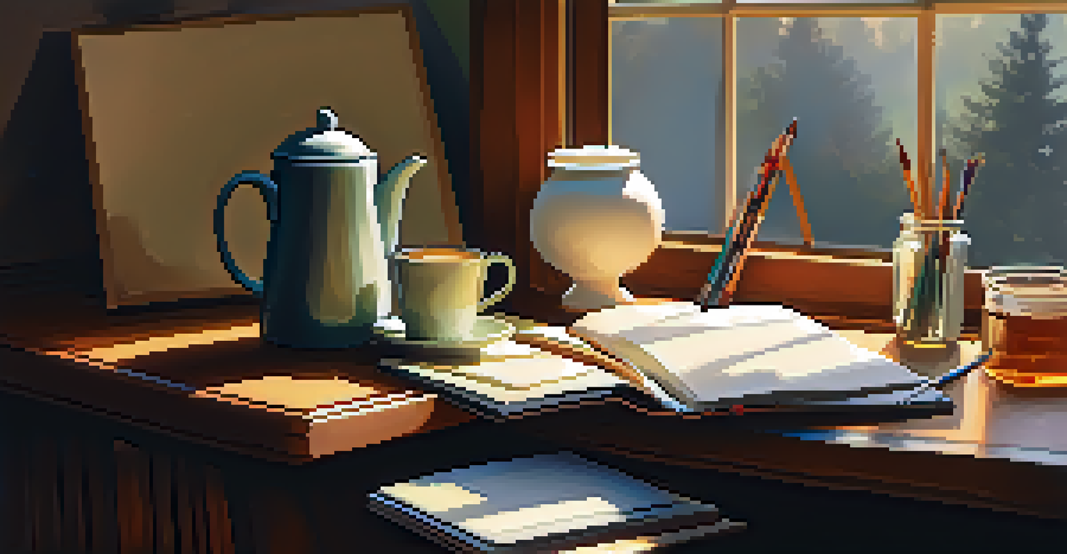 A comfortable home corner with a table, open sketchbook, art supplies, and a cup of tea, illuminated by soft lighting.