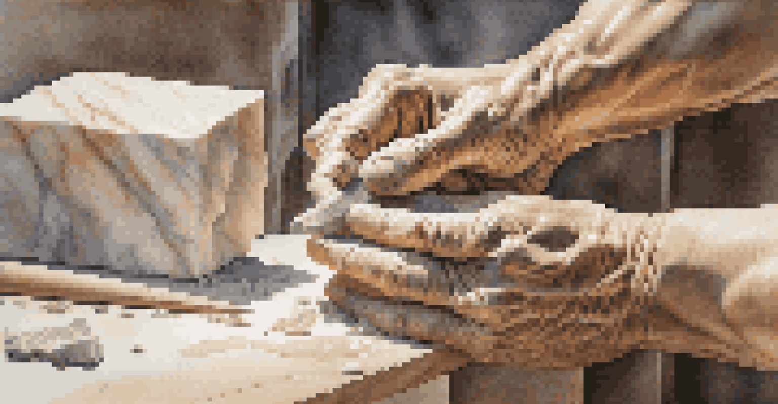 A close-up of a sculptor's hands carving marble, highlighting the intricate details of the emerging sculpture with tools in the background.