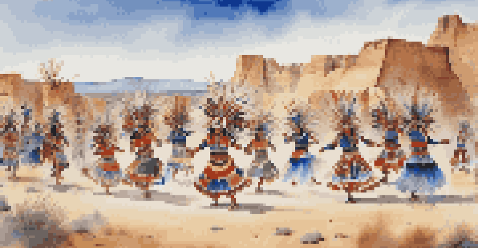 Hopi dancers in colorful traditional costumes performing in a natural outdoor setting, conveying the energy of a cultural ritual.