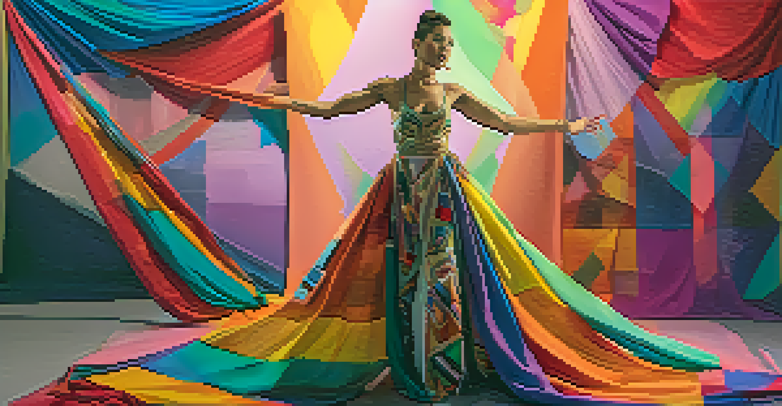A gender-fluid artist performing in a colorful setting, expressing identity through dynamic movement and engaging with an captivated audience.
