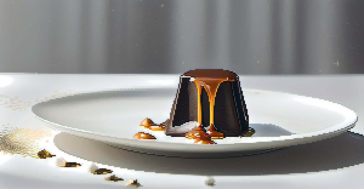 A piece of dark chocolate on a white plate with caramel drizzle and gold leaf, against a softly blurred background.