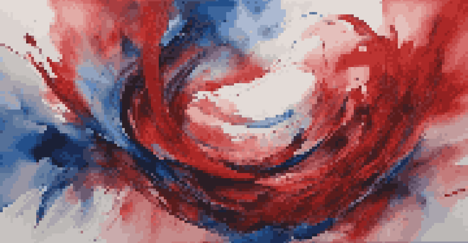 An abstract painting with swirling red and blue colors, conveying movement and emotion.