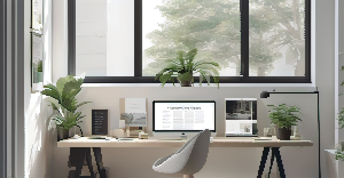 A clean and minimalist graphic design workspace with a sleek desk, computer monitor, and a potted plant, illuminated by natural light.