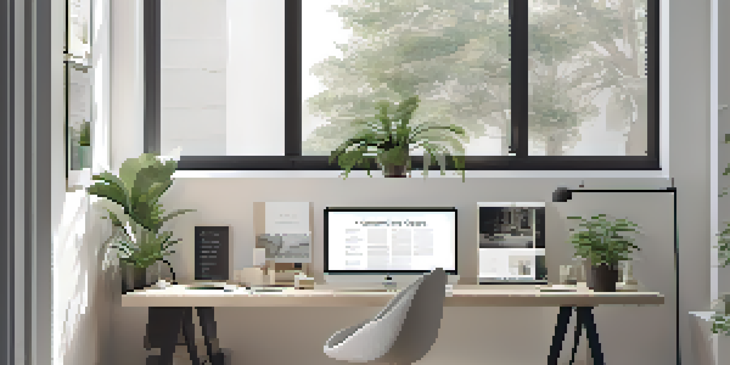 A clean and minimalist graphic design workspace with a sleek desk, computer monitor, and a potted plant, illuminated by natural light.