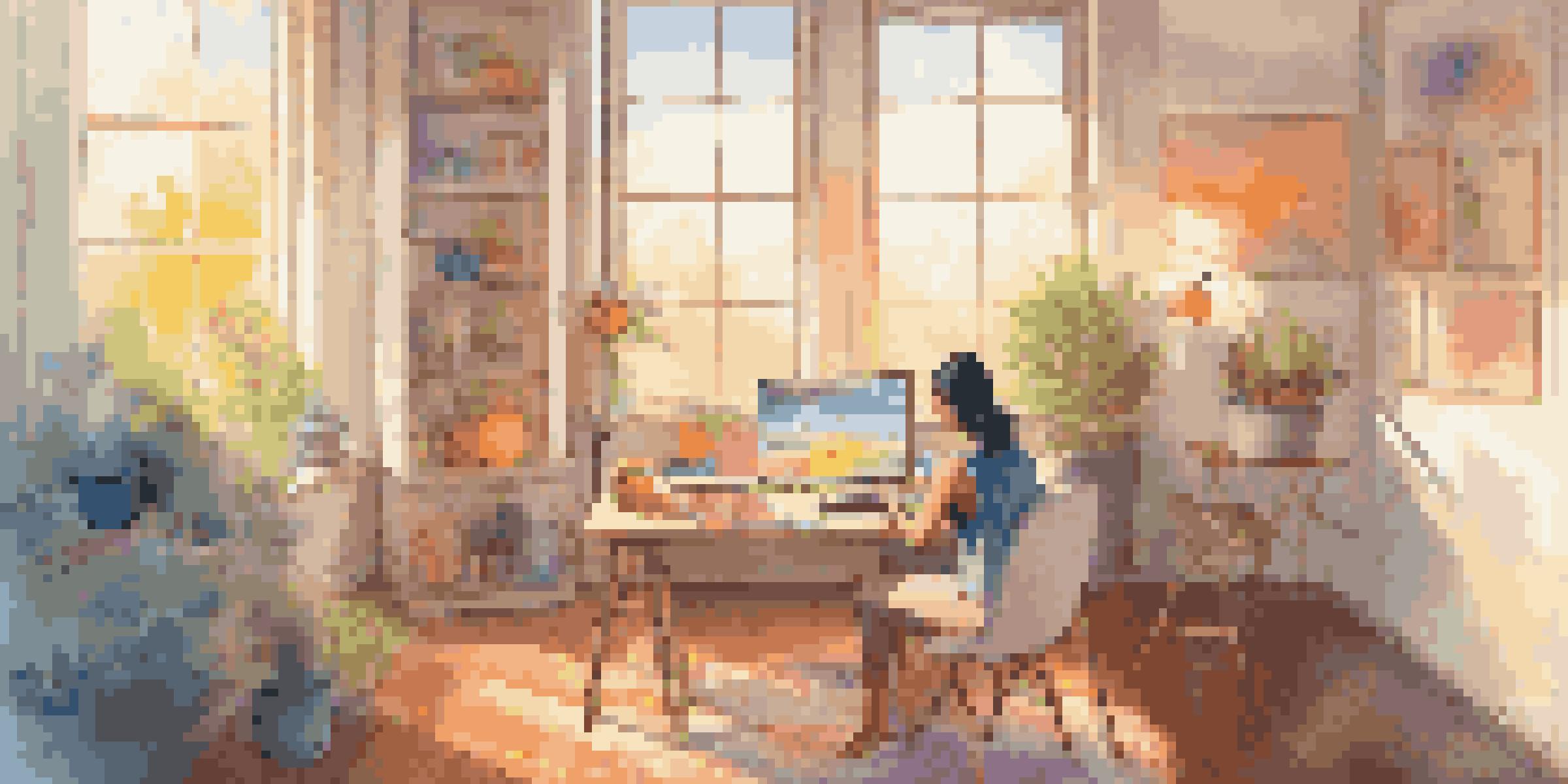 A person creating digital art in a cozy room filled with colorful artwork and sunlight.