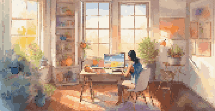 A person creating digital art in a cozy room filled with colorful artwork and sunlight.