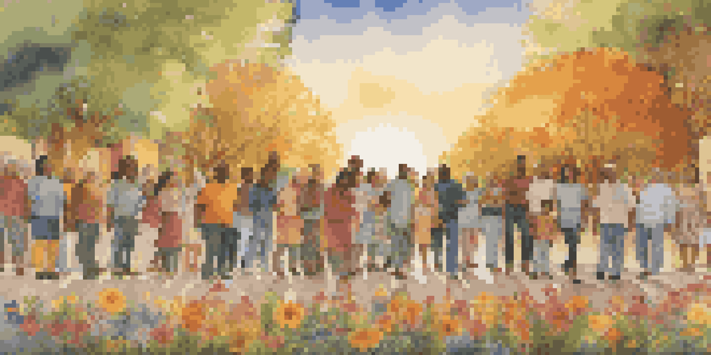 A mural showing a diverse group of people in a city park, expressing unity and hope under a sunset.