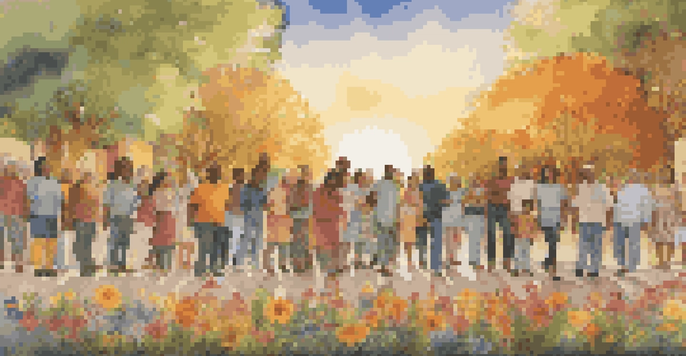 A mural showing a diverse group of people in a city park, expressing unity and hope under a sunset.