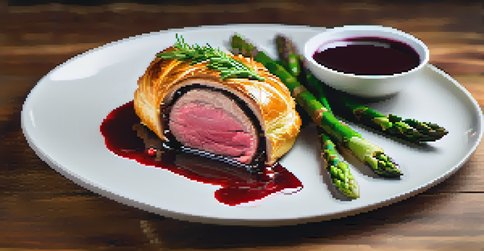 A plated Beef Wellington with asparagus on a white plate, featuring a golden crust and red wine sauce, set on a wooden table.