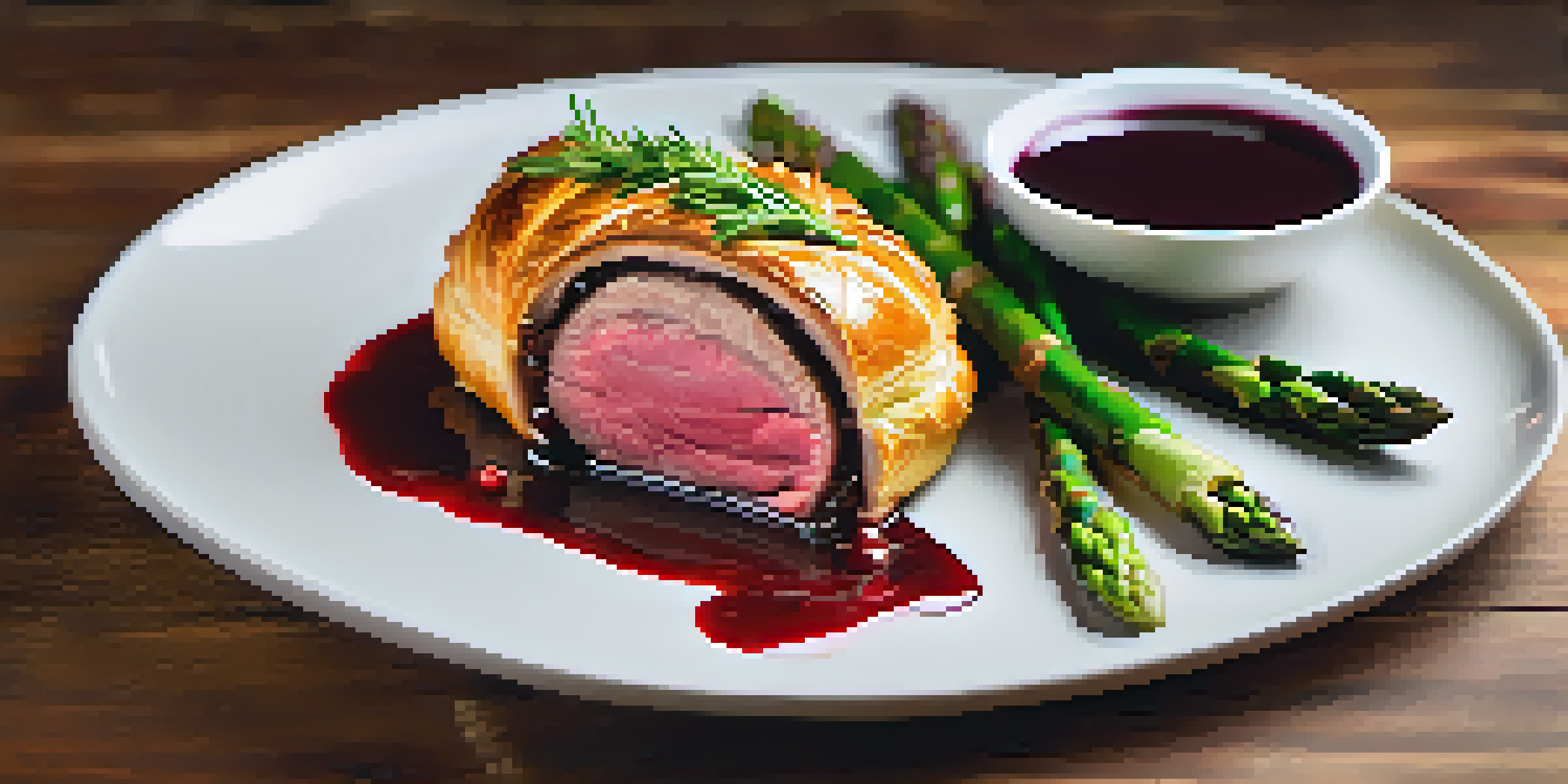 A plated Beef Wellington with asparagus on a white plate, featuring a golden crust and red wine sauce, set on a wooden table.