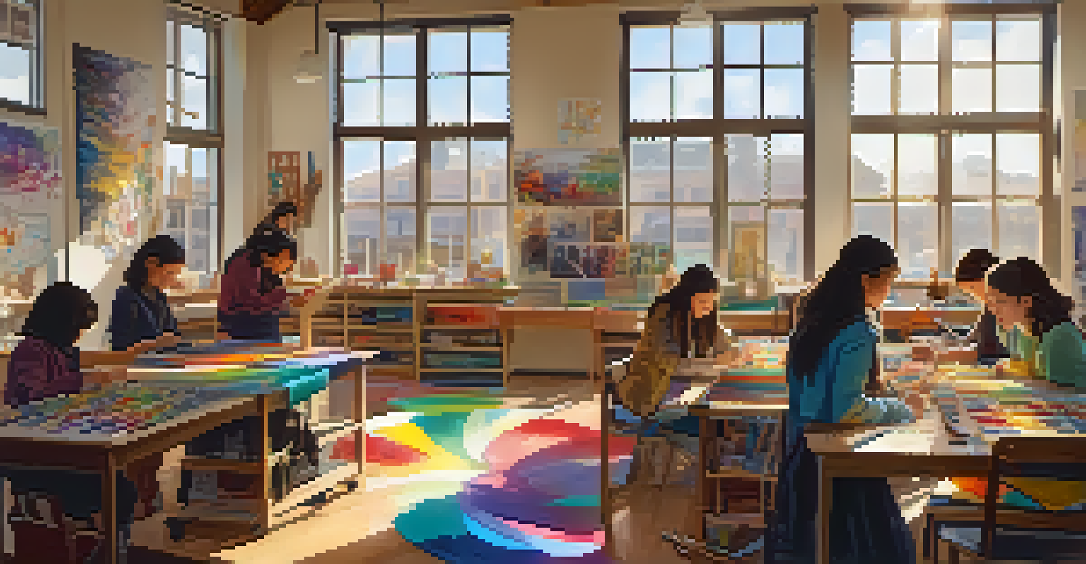 An art classroom with students working on their artistic creations, surrounded by cultural artworks, with a teacher providing guidance.