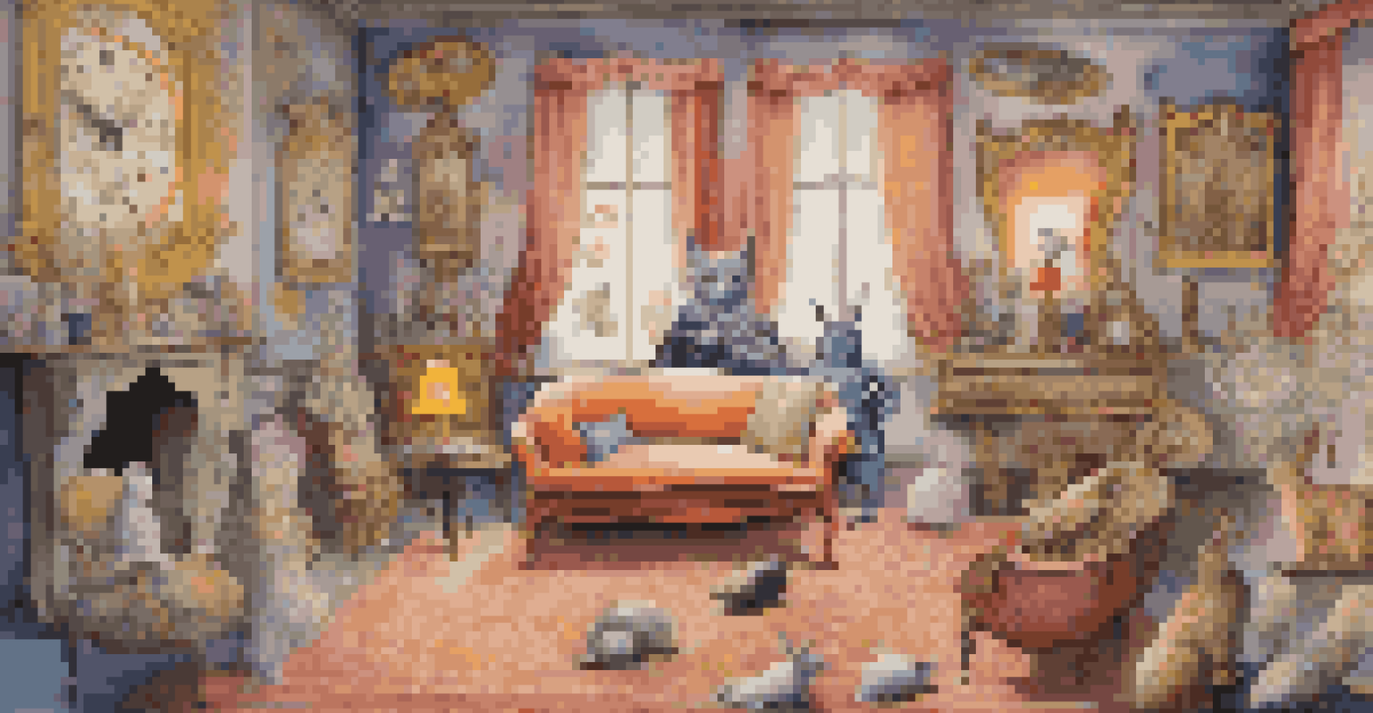 A whimsical room with oversized furniture and fantastical creatures, illuminated in vibrant colors.