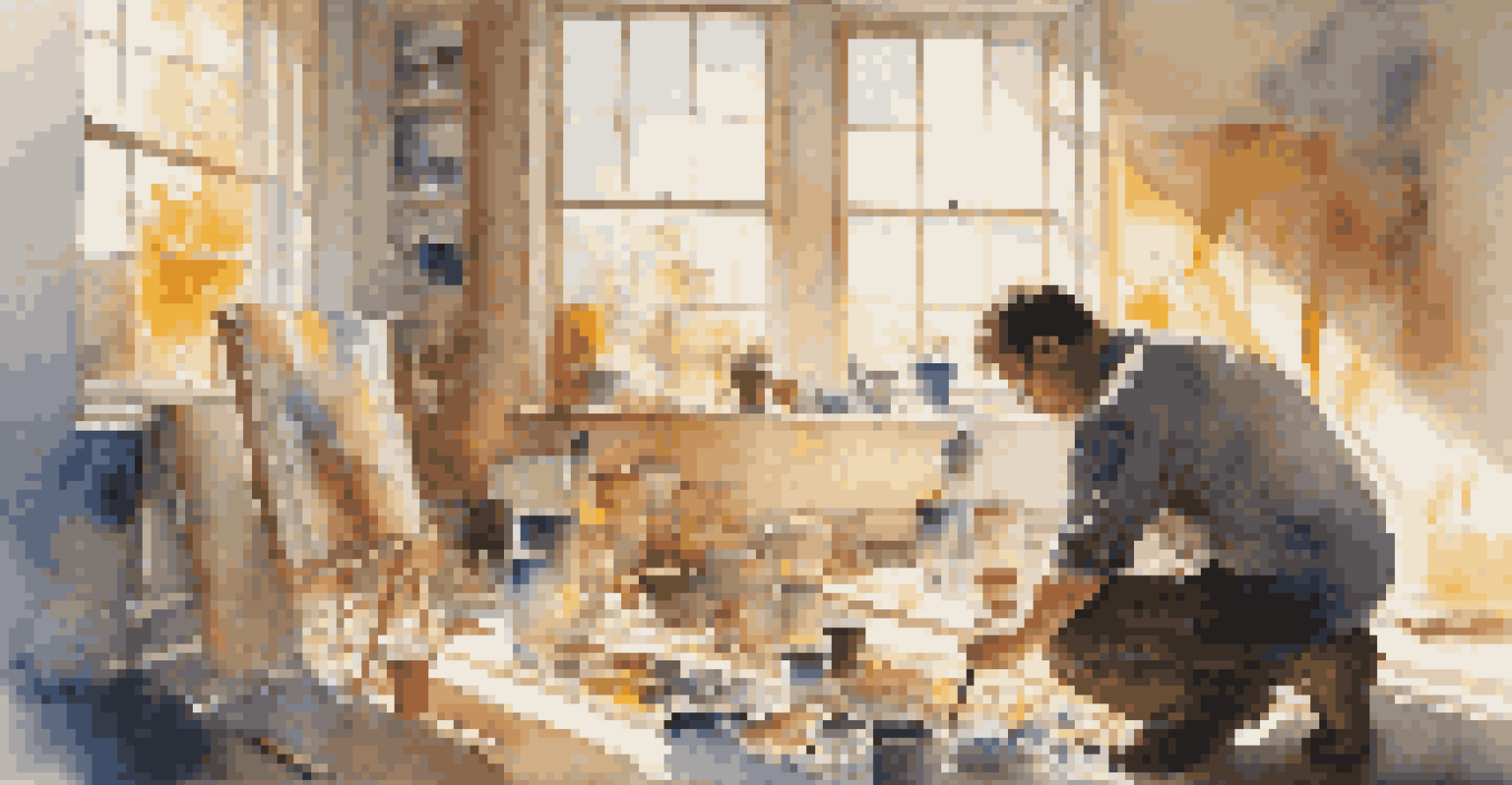 An artist painting in a sunlit studio, surrounded by sketches and paint tubes, focused on a canvas that reflects social issues.