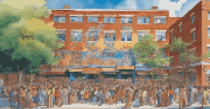 A colorful mural depicting diverse community members engaged in traditional activities on a brick building in an urban setting.