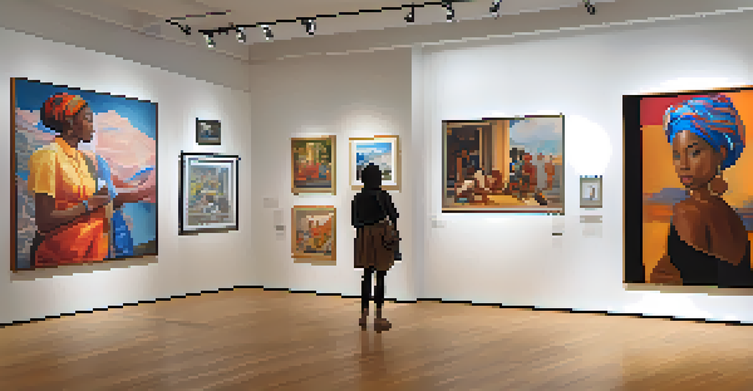 An art gallery filled with diverse artworks focusing on race and gender identity, with visitors engaging and discussing the pieces.