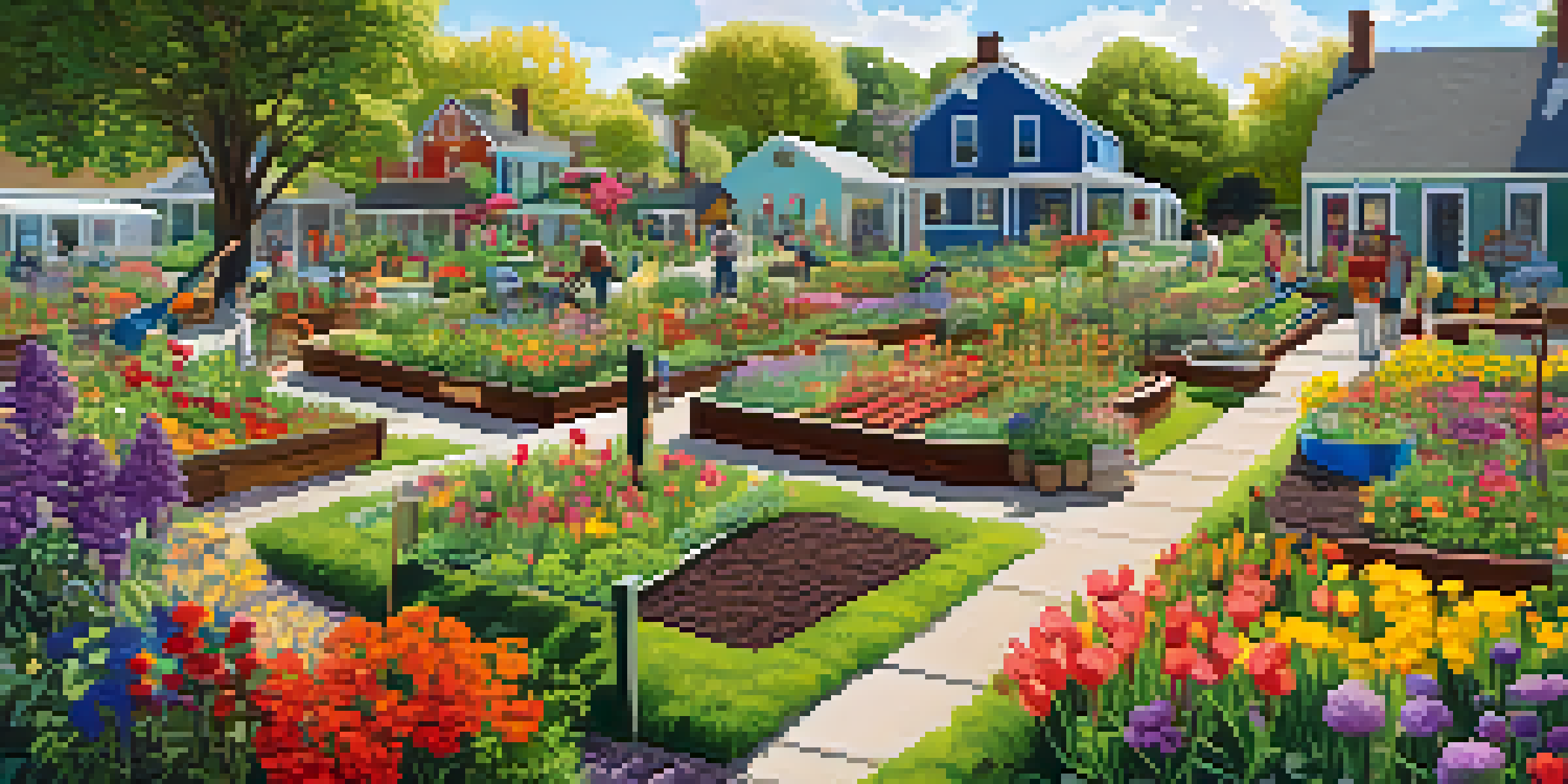 A community garden filled with colorful flowers and residents planting, showcasing engagement with nature.