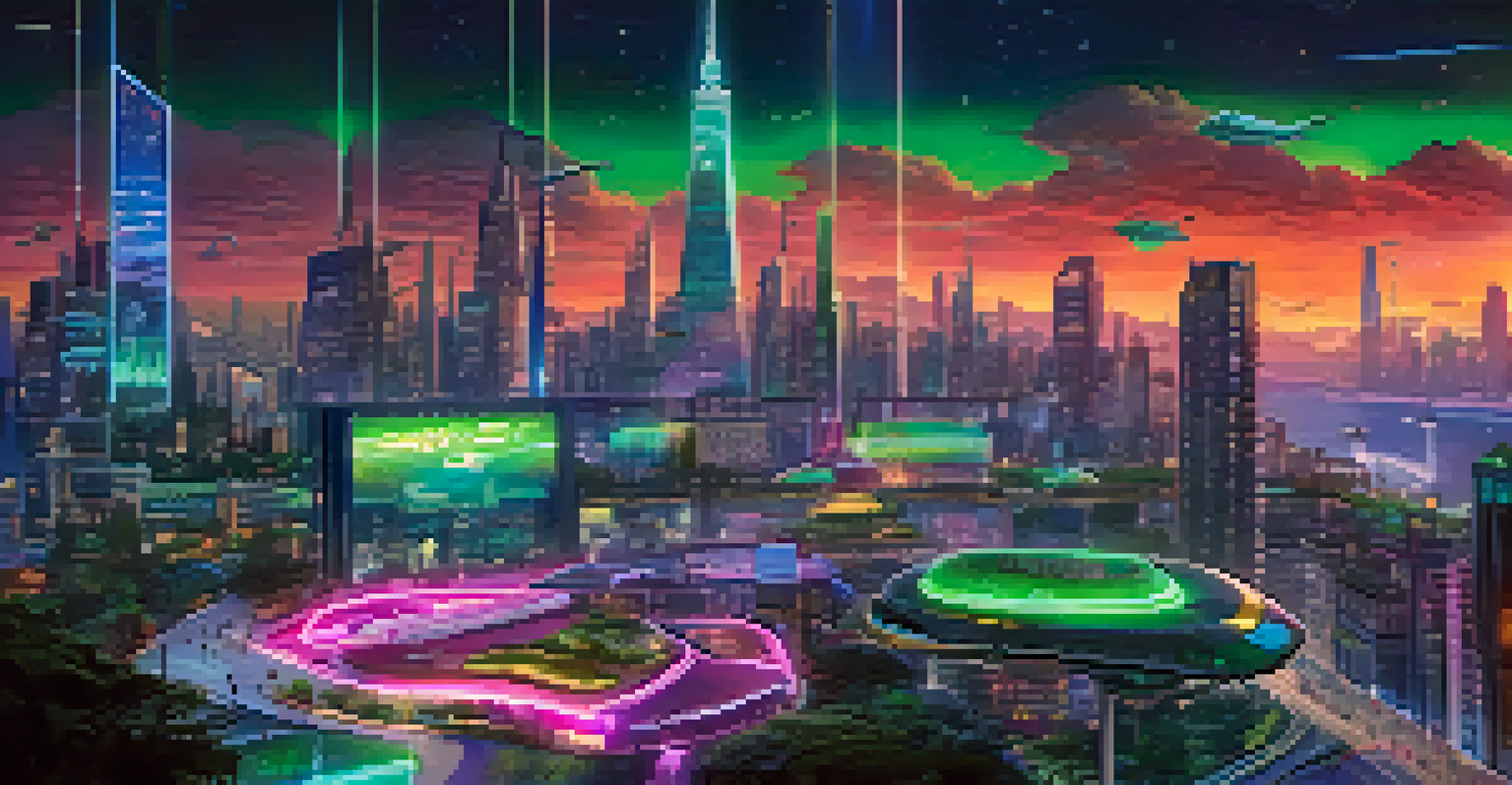 A futuristic cityscape at night with neon lights and holograms promoting social justice messages.