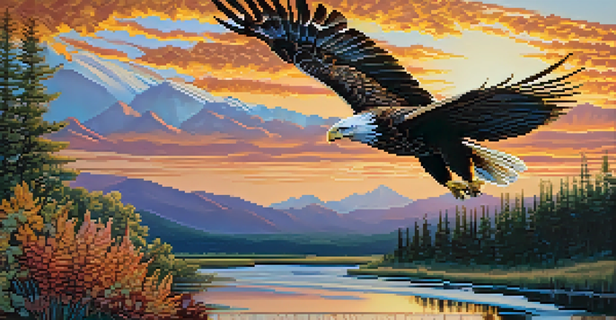 A colorful Indigenous artwork depicting an eagle flying over a vibrant landscape with plants and a river, symbolizing strength and connection to nature.