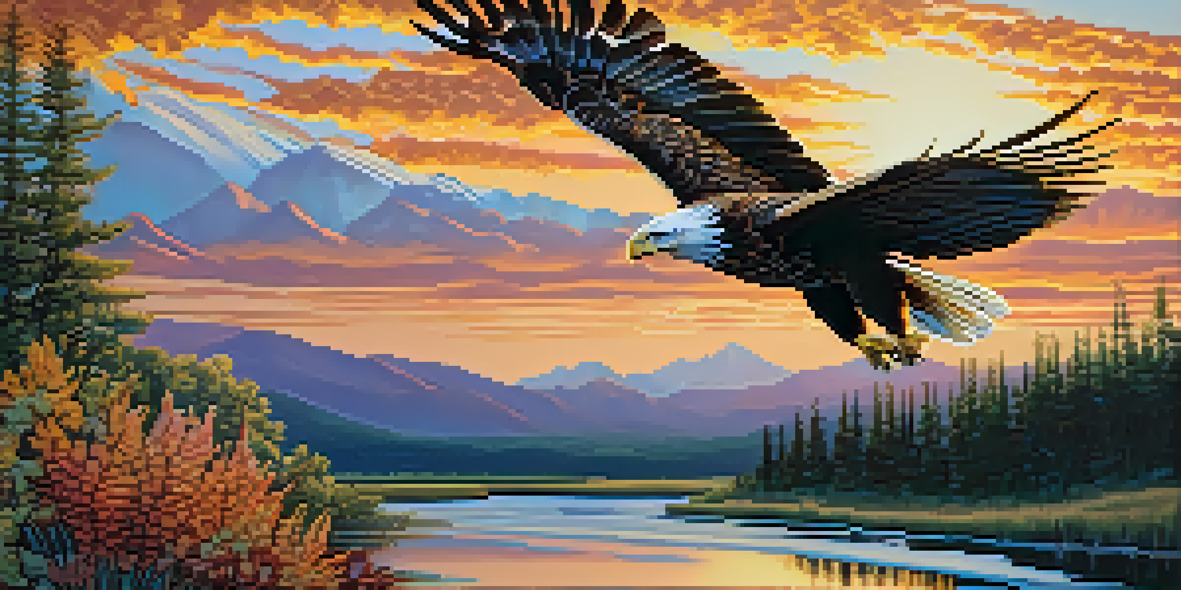A colorful Indigenous artwork depicting an eagle flying over a vibrant landscape with plants and a river, symbolizing strength and connection to nature.
