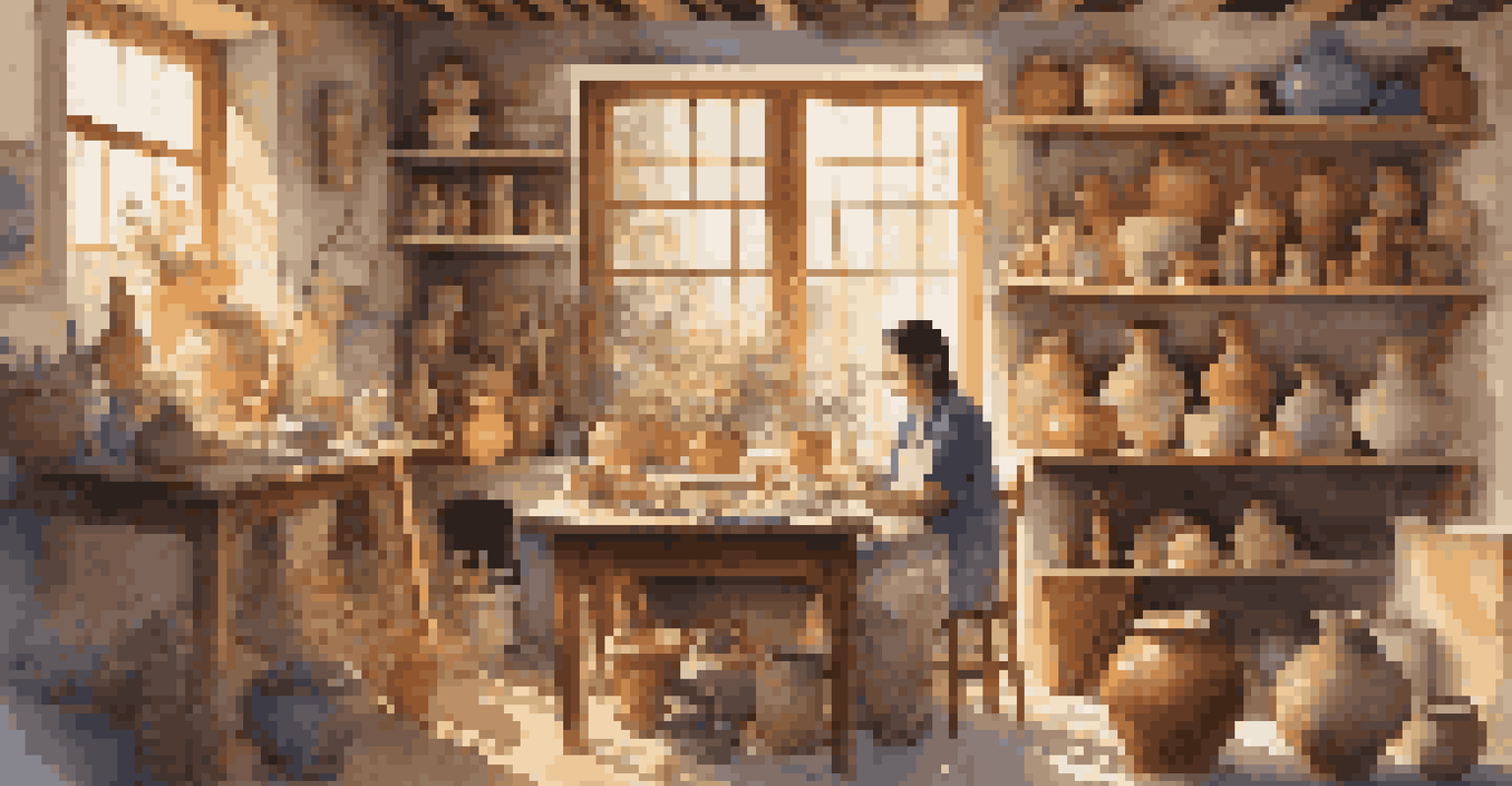 An artist in a studio filled with traditional art forms, working on a canvas that combines traditional and contemporary styles.