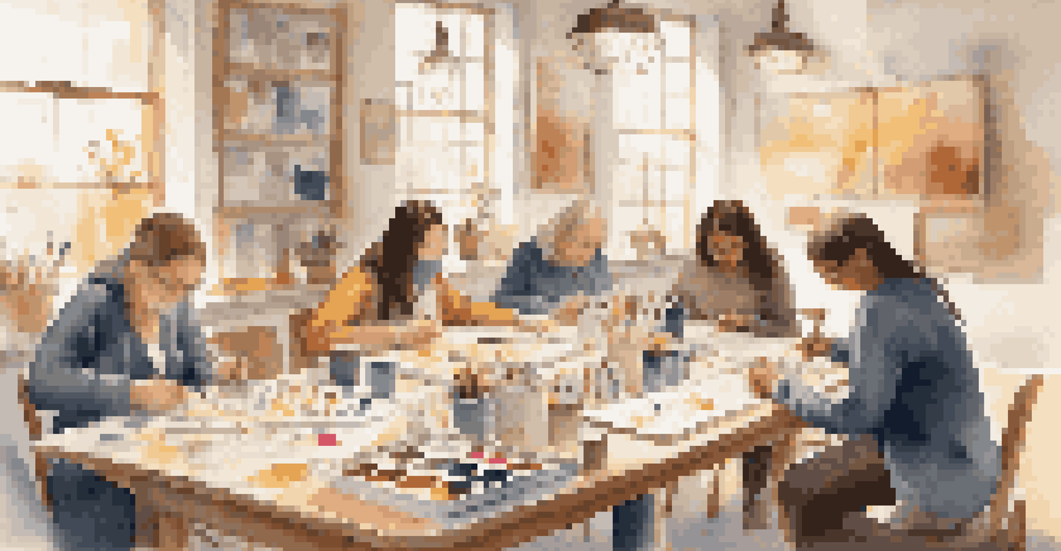 Participants in an art therapy session creating art in a comfortable, well-lit room, surrounded by various art supplies.