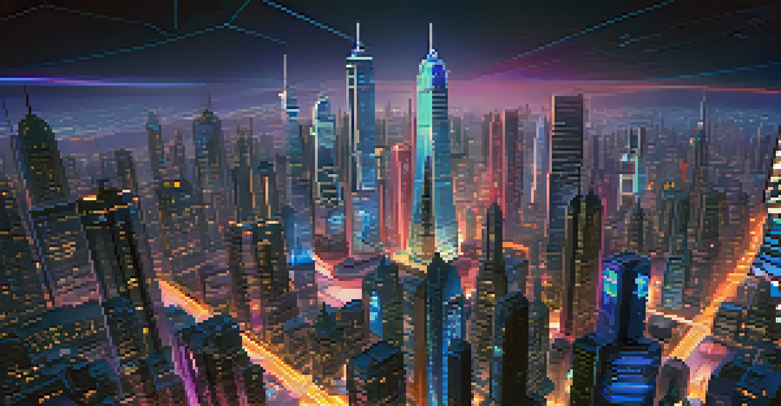 A futuristic cityscape with neon lights and towering skyscrapers under a twilight sky.