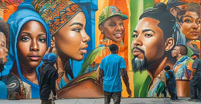 A colorful street mural showing people of various backgrounds engaged in art, set in a lively city.