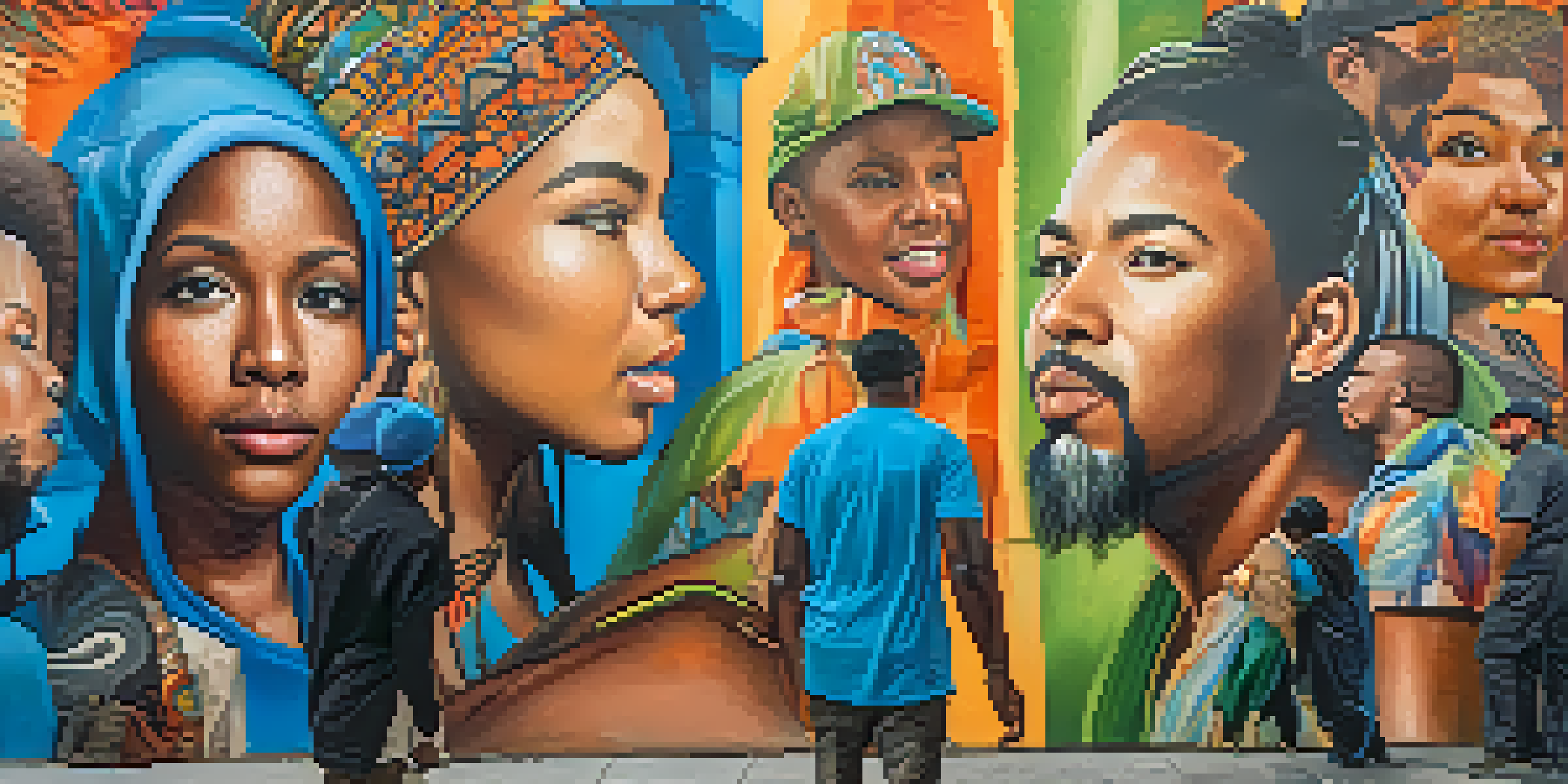 A colorful street mural showing people of various backgrounds engaged in art, set in a lively city.