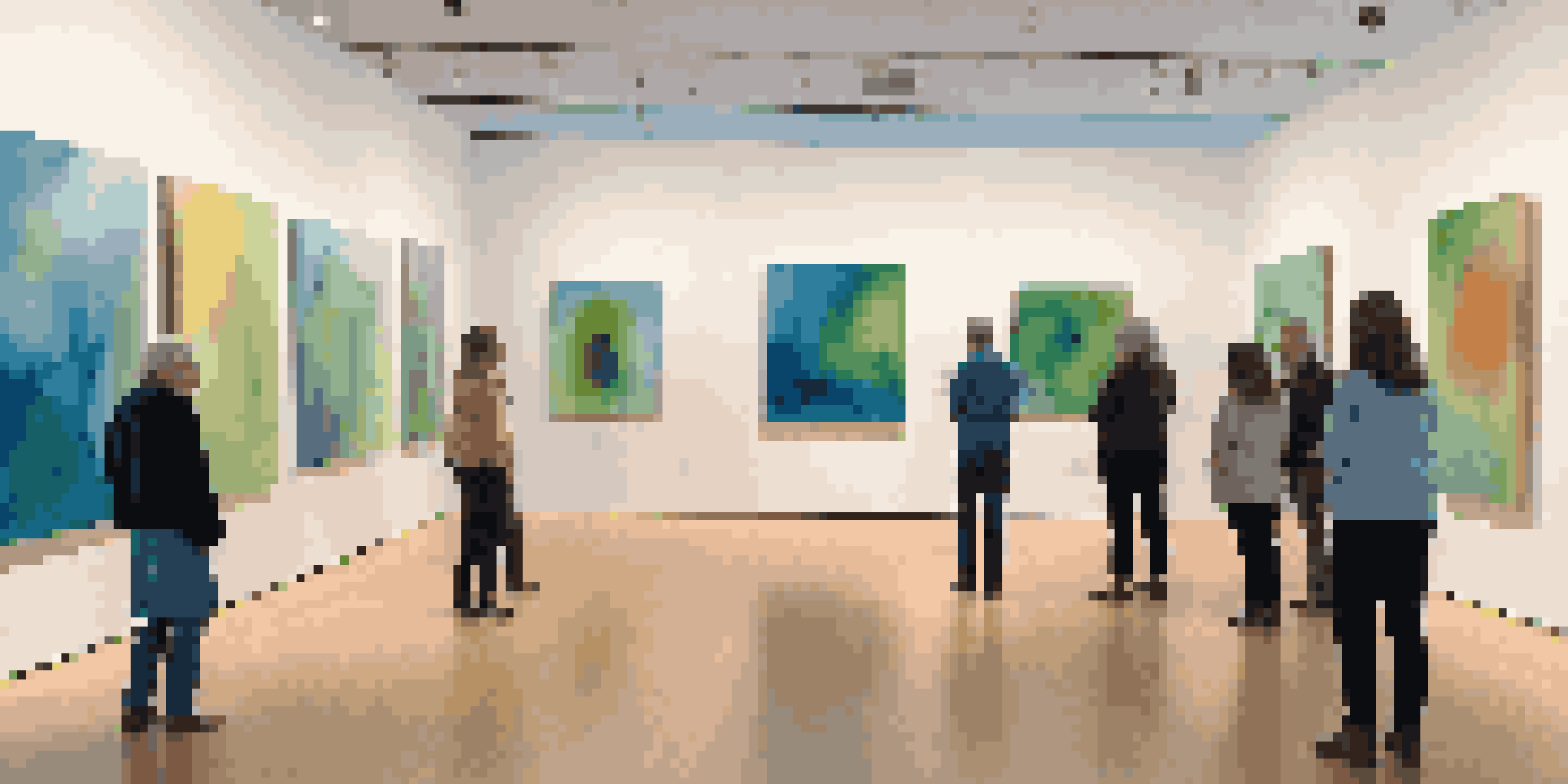 An art installation with large abstract paintings, ambient lighting, and viewers listening to a soundscape.