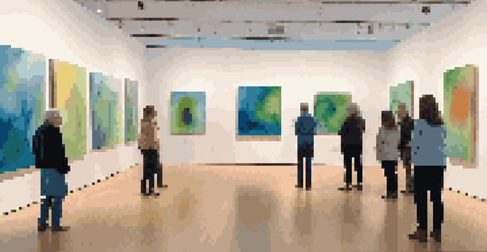 An art installation with large abstract paintings, ambient lighting, and viewers listening to a soundscape.