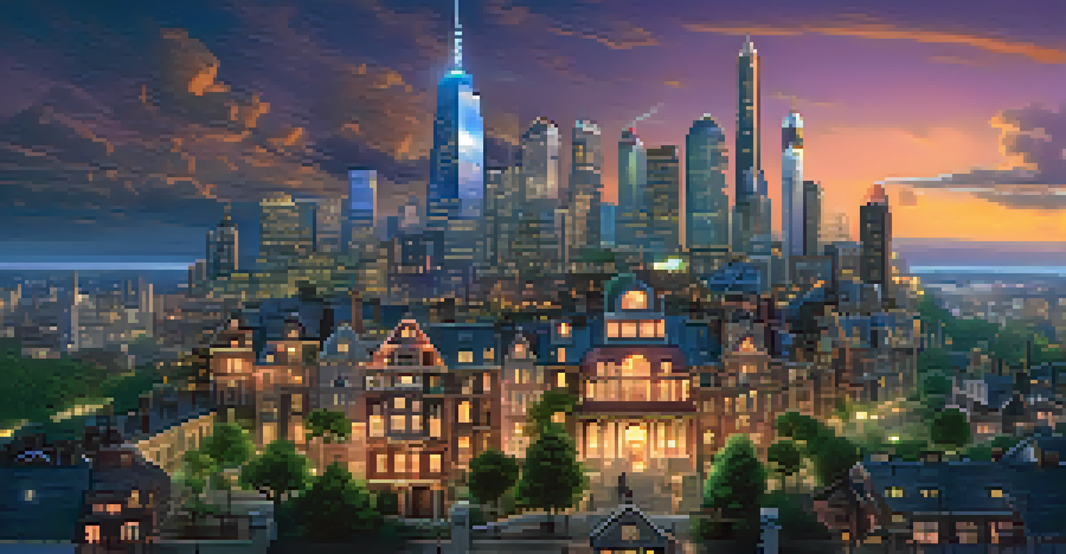 A dreamlike cityscape with real and fantastical buildings illuminated at twilight, creating an enchanting atmosphere.