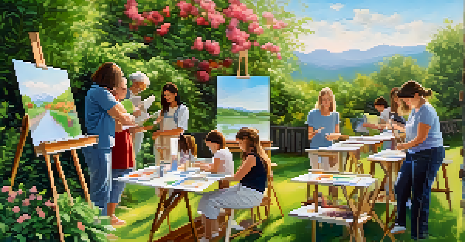 A community art class in an outdoor setting, with diverse participants painting on canvases surrounded by nature.