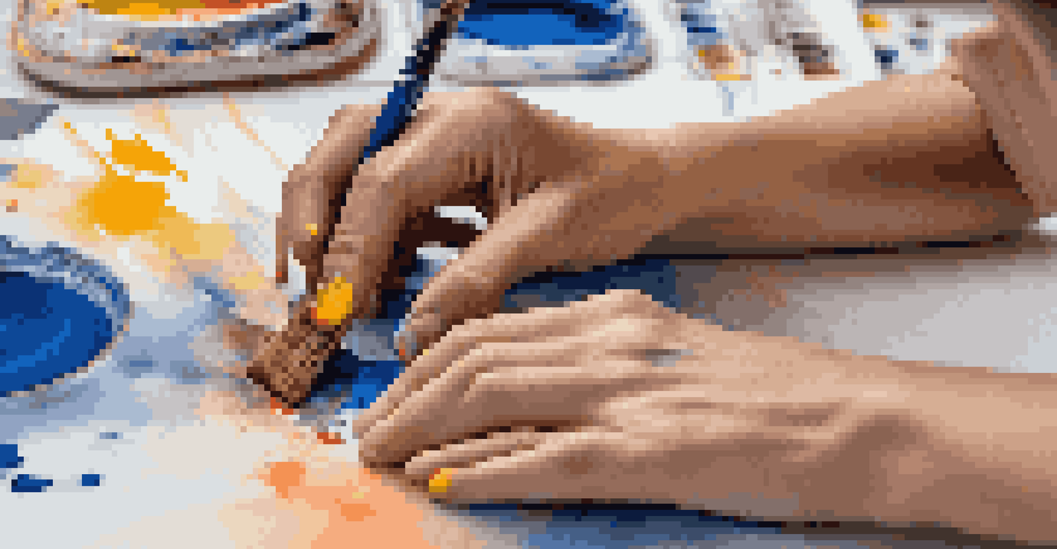 Close-up of hands painting an abstract artwork with vibrant colors in an art workshop setting.