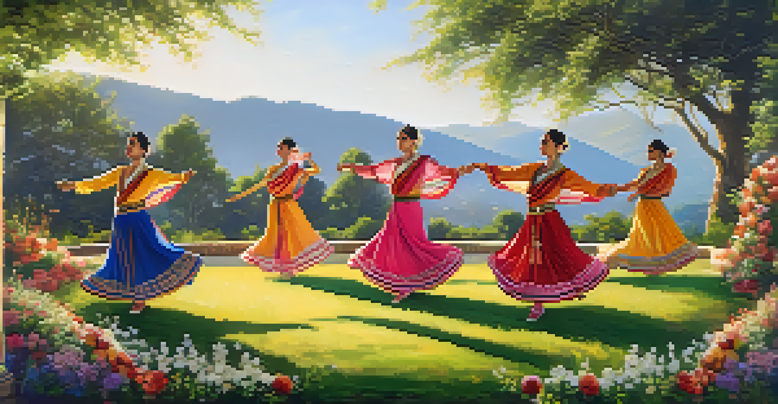 A group of dancers in traditional costumes perform a cultural dance outdoors, surrounded by flowers and greenery, illuminated by soft golden hour light.
