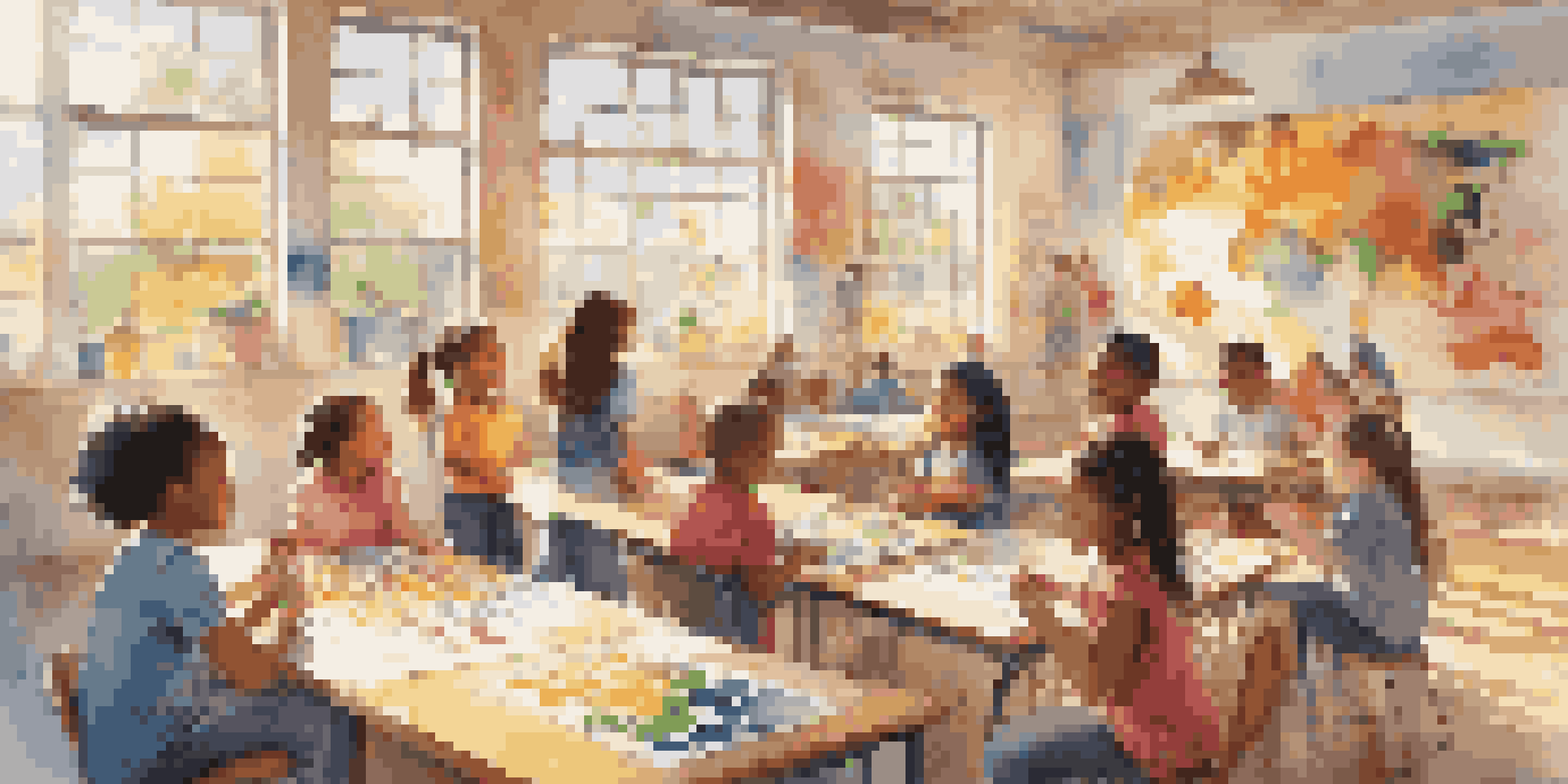 A colorful classroom with children working together on a mural, showcasing teamwork and creativity under warm sunlight.