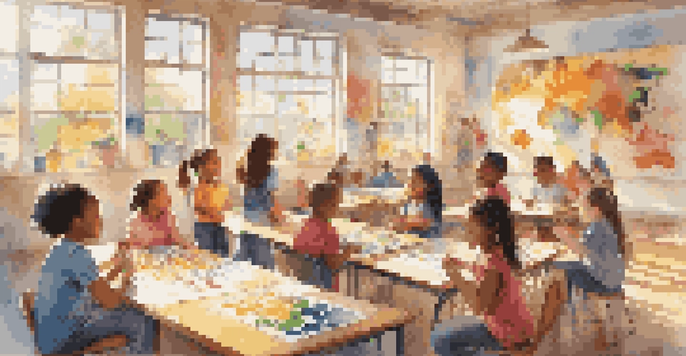 A colorful classroom with children working together on a mural, showcasing teamwork and creativity under warm sunlight.