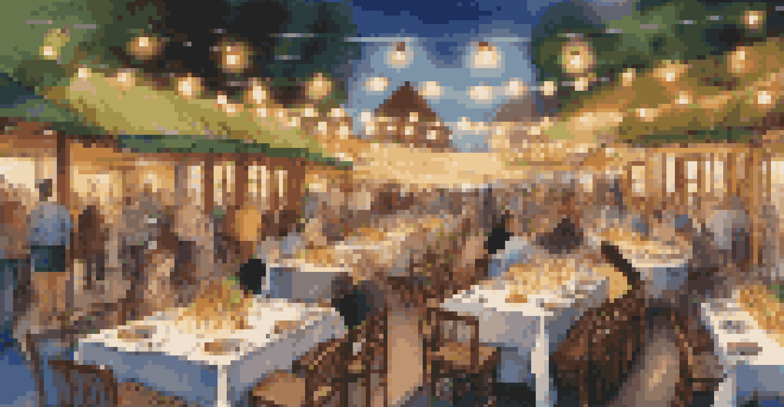 A beautifully arranged food festival with plated dishes and local artwork under string lights in the evening.