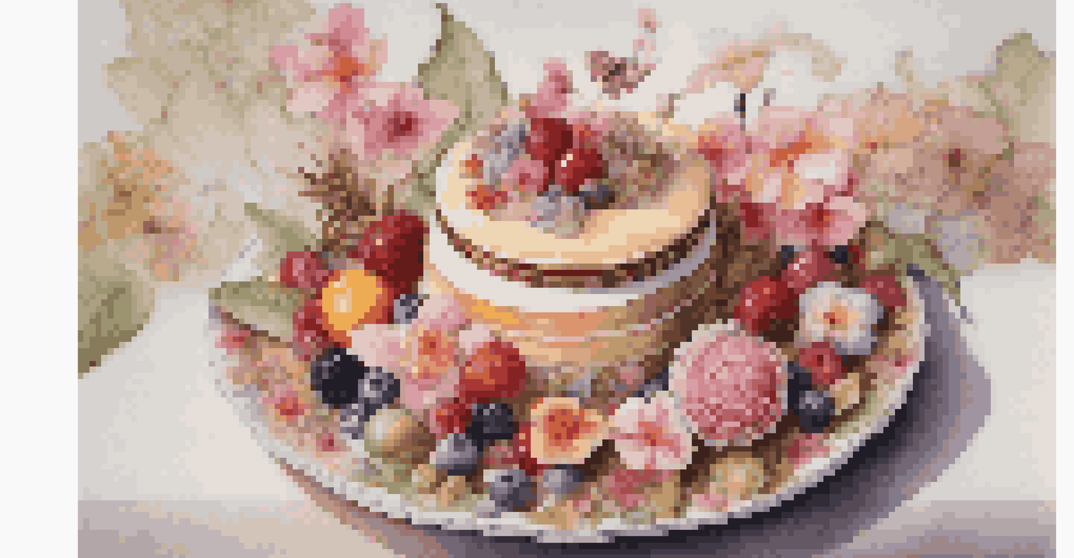A whimsical dessert display shaped like a garden, featuring sugar flowers and fruit garnishes on a porcelain plate.