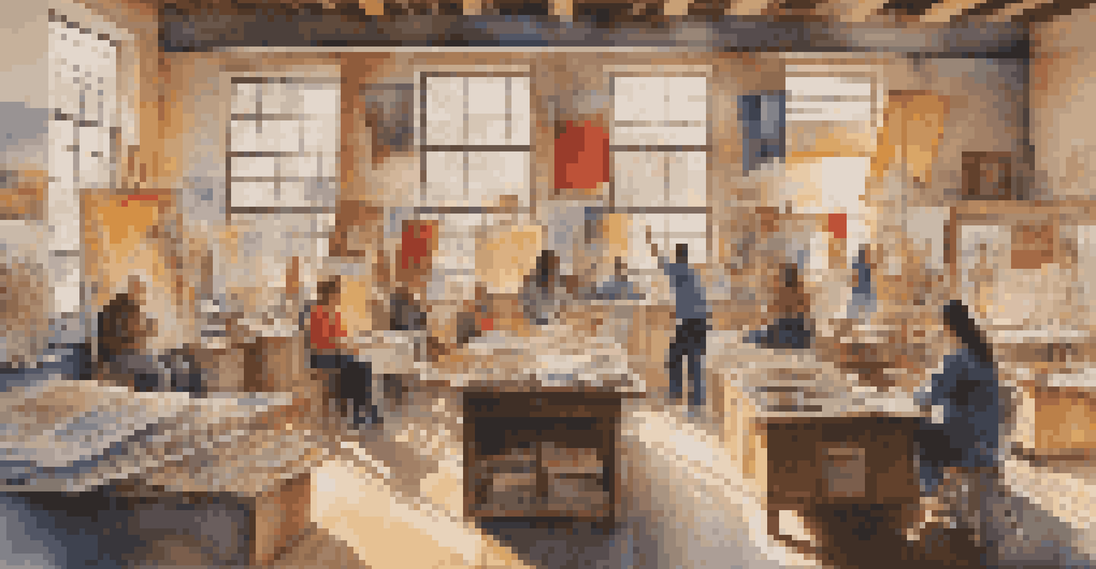 An artist's studio with canvases depicting historical social movements, illuminated by sunlight, showcasing vibrant colors and powerful imagery.