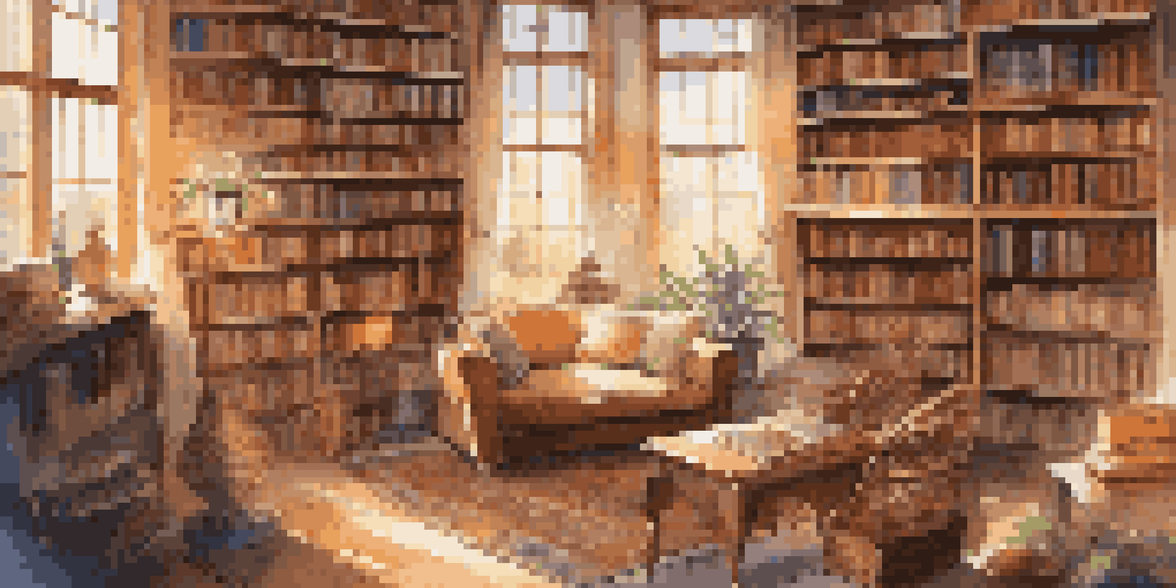 A cozy library with diverse books, a reading nook, and sunlight streaming through the windows.
