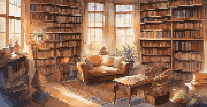 A cozy library with diverse books, a reading nook, and sunlight streaming through the windows.