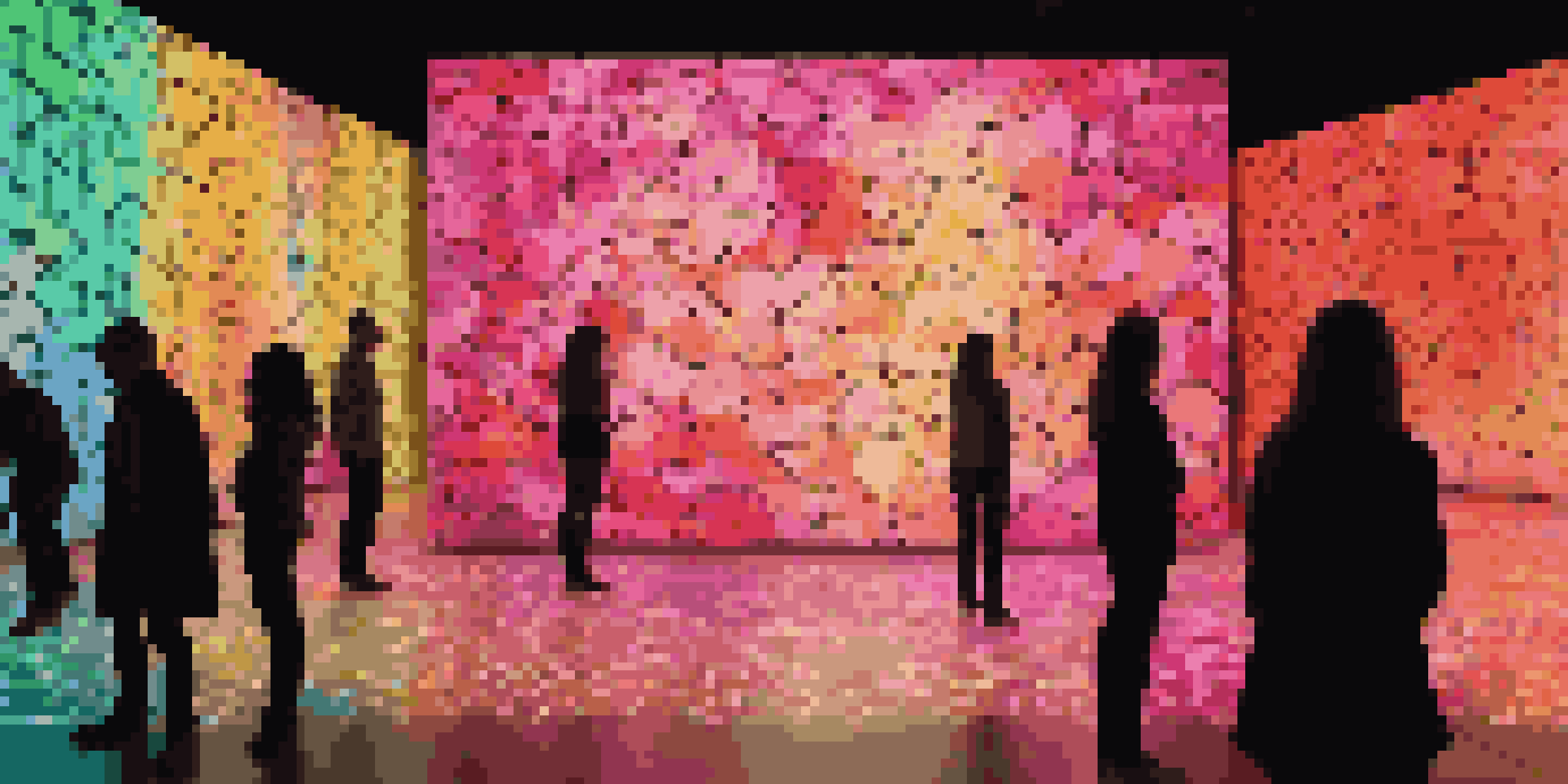 An interactive digital art installation with colorful patterns changing on a screen, illuminated by soft dynamic lights in a dark space.