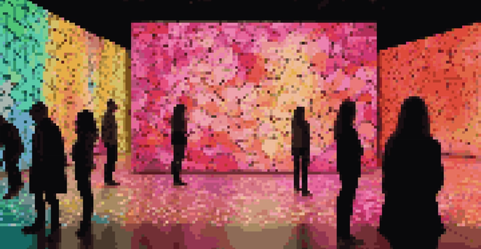 An interactive digital art installation with colorful patterns changing on a screen, illuminated by soft dynamic lights in a dark space.