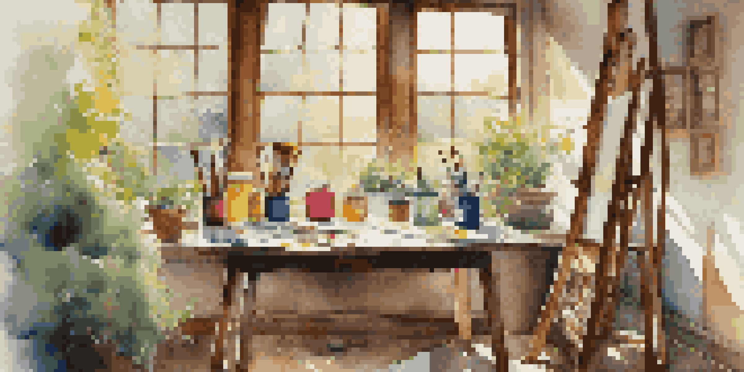 A peaceful artist's studio with a wooden easel and a blank canvas, surrounded by paintbrushes and colorful tubes of paint, illuminated by warm sunlight and overlooking a garden.