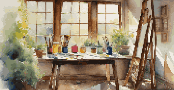 A peaceful artist's studio with a wooden easel and a blank canvas, surrounded by paintbrushes and colorful tubes of paint, illuminated by warm sunlight and overlooking a garden.