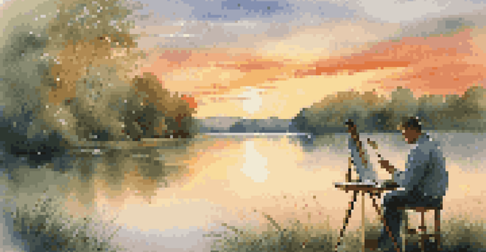 A painter at a tranquil lake surrounded by green trees and a colorful sunset, capturing the beauty of nature on canvas.