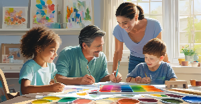 A family enjoying a creative art therapy session in a bright room, surrounded by art supplies and colorful artworks.