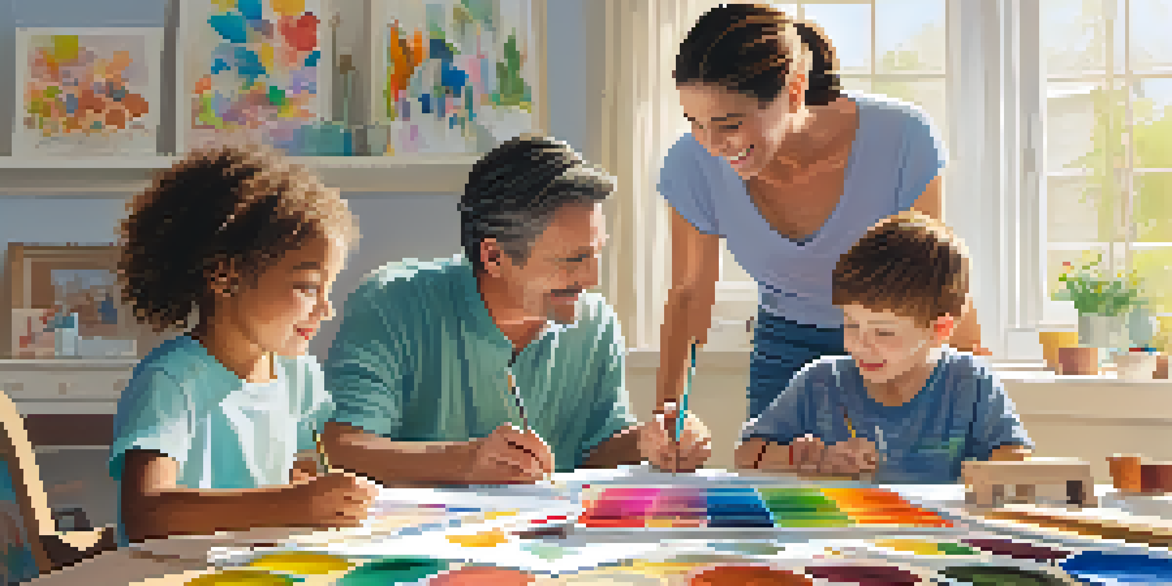 A family enjoying a creative art therapy session in a bright room, surrounded by art supplies and colorful artworks.