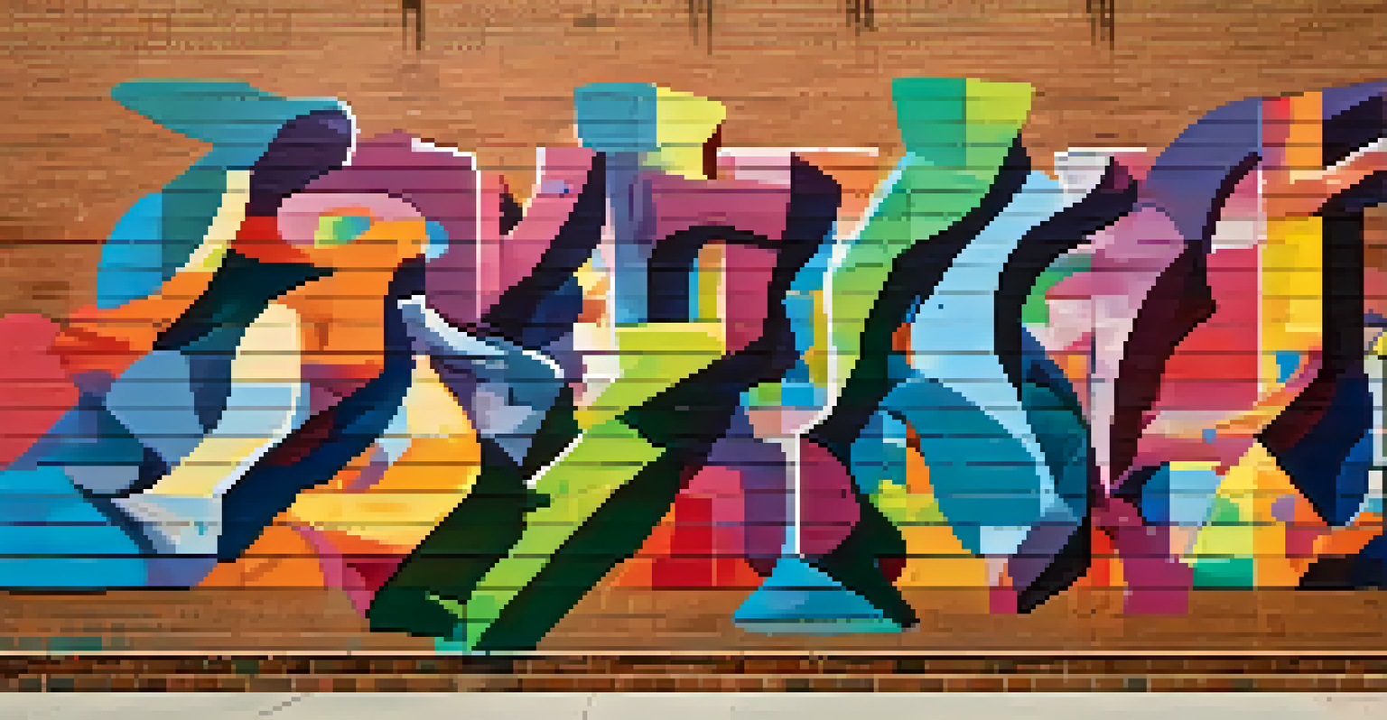 A colorful street art mural on a brick wall, depicting urban life with abstract shapes and bold text.