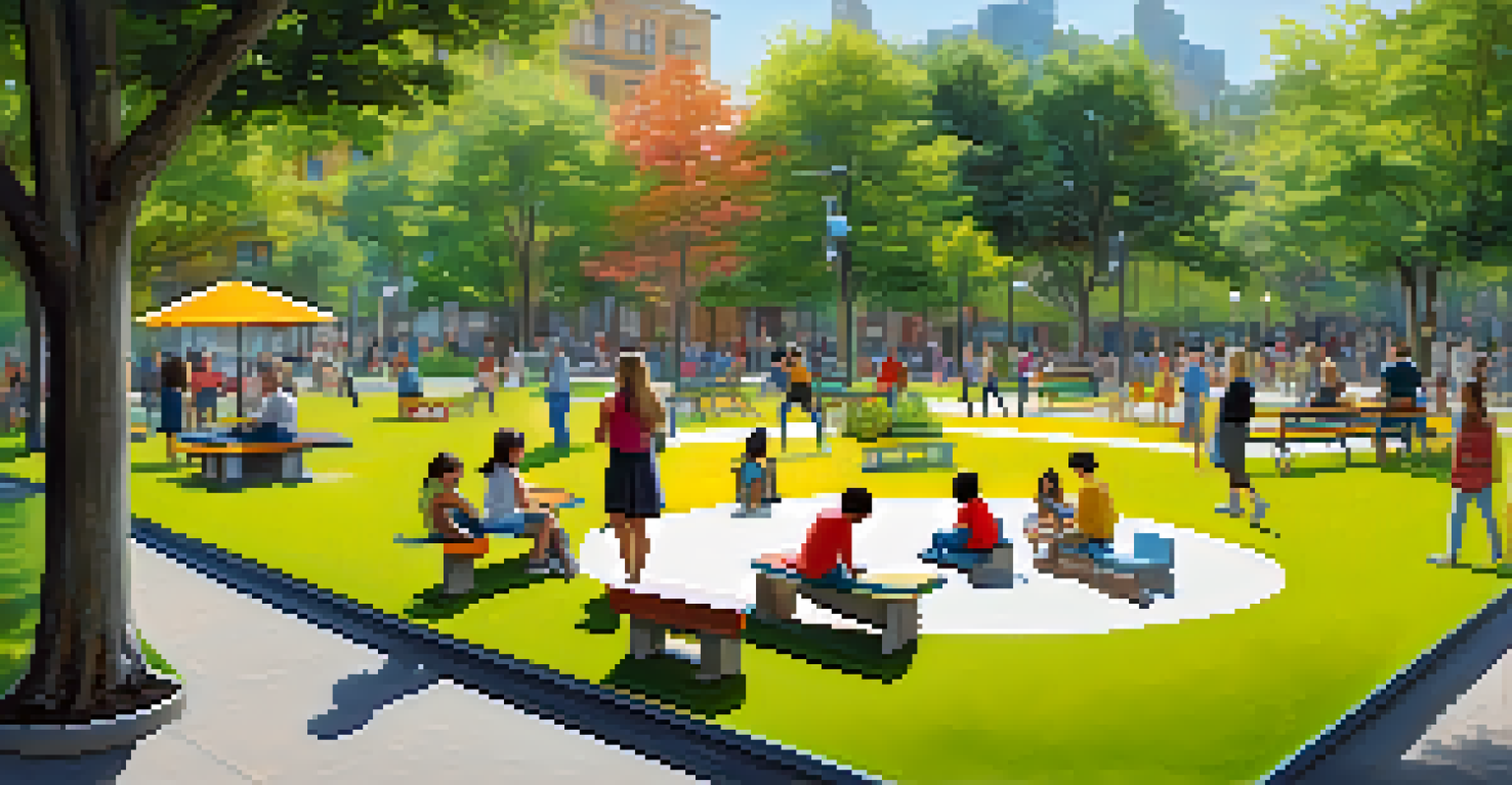 An interactive art installation in a park with children playing and adults chatting nearby, surrounded by greenery.